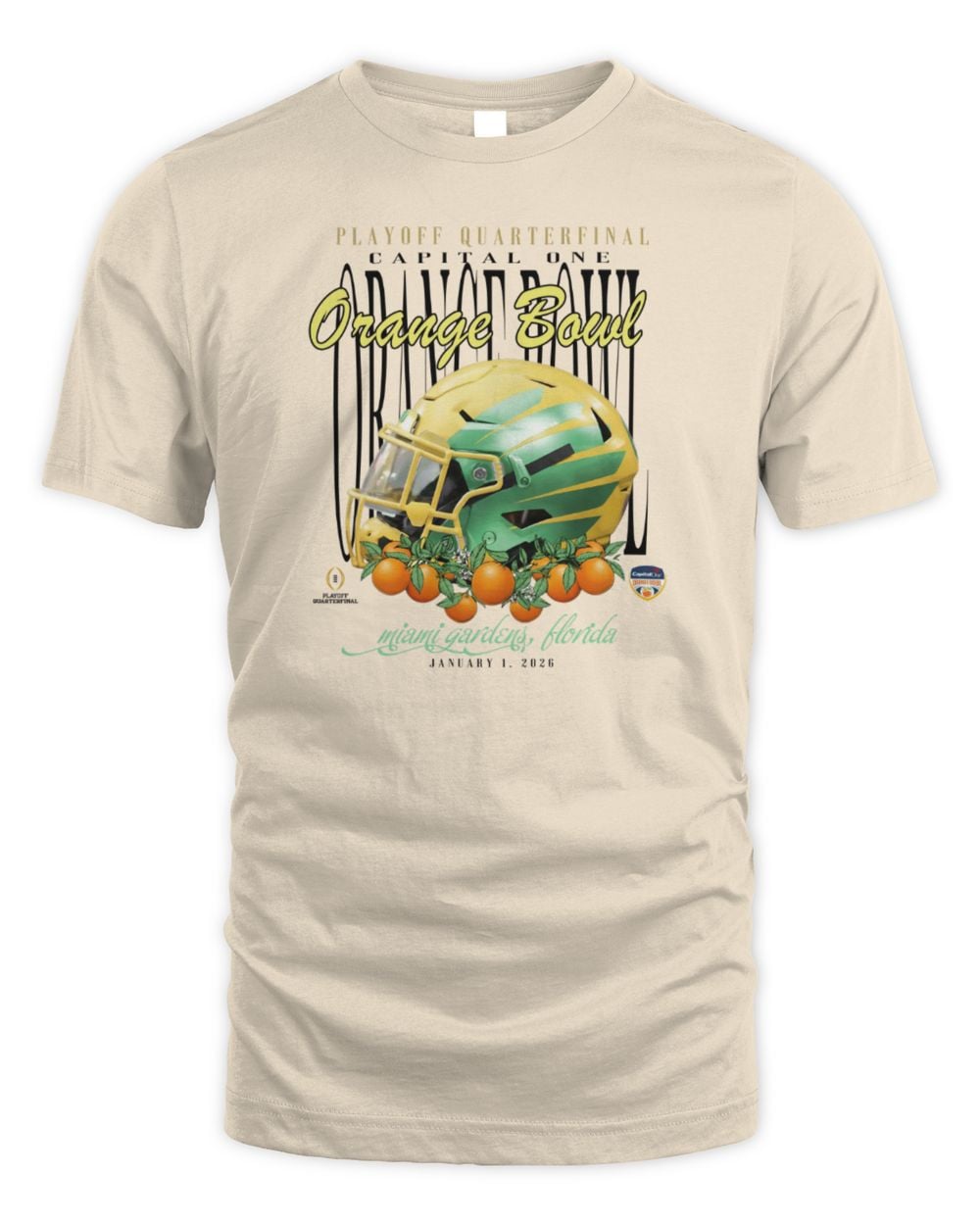 Oregon Ducks Ivory 2026 Orange Bowl Helmet Short Sleeve T Shirt