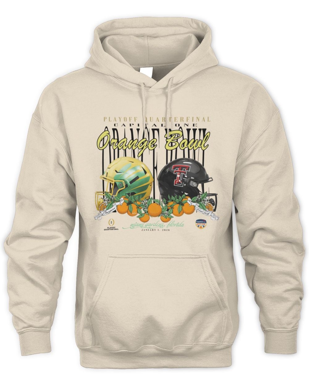 Texas Tech Red Raiders Ivory 2026 Orange Bowl vs. Oregon Ducks Helmets Hoodie Sweatshirt