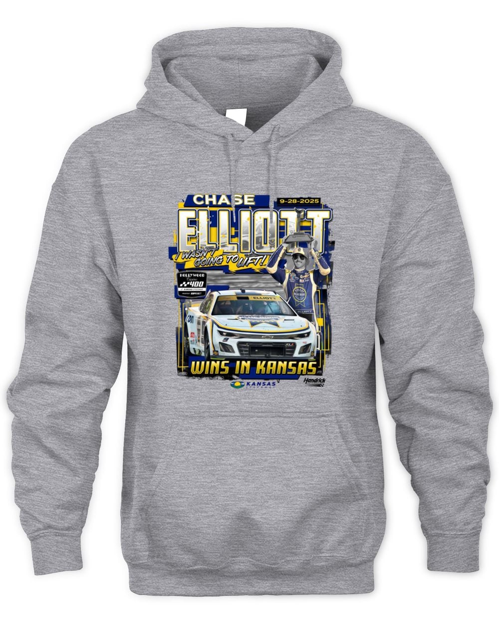 Men's Checkered Flag Sports Heather Charcoal Chase Elliott 2025 Hollywood Casino 400 Race Winner Hoodie Sweatshirt