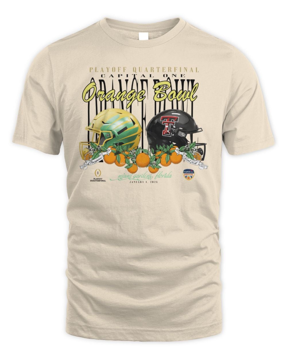 Texas Tech Red Raiders Ivory 2026 Orange Bowl vs. Oregon Ducks Helmets Official T Shirt